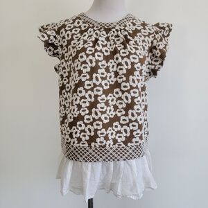 Brown White Flowers Short Sleeve Knit Style Blouse Top Ruffle Sleeve Accents SzM